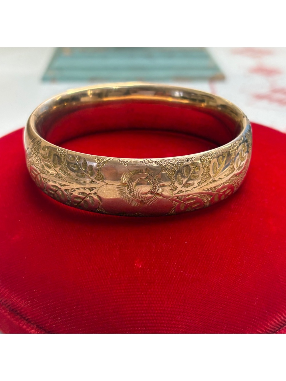 Gold filled floral etched bangle bracelet likely antique or very vintage